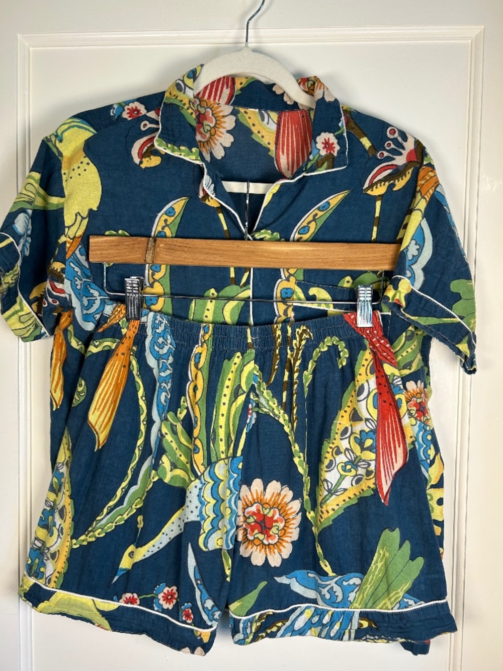 Indian bird print Pajama short set Size Shmedium.Boho Cotton Teal/yellow/blue